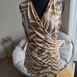 T Tahari Brown and White Wrap Blouse